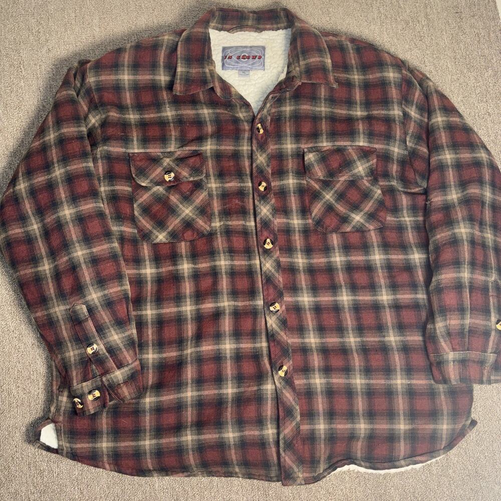 In Crowd Men’s Shacket Jacket Flannel Plaid Sherpa Lined XL Red